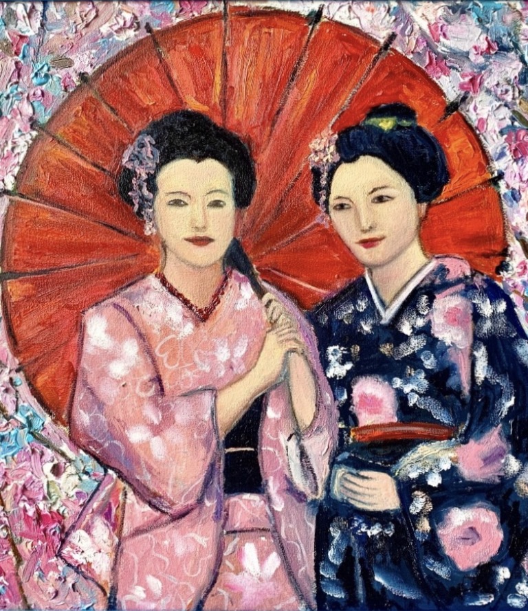 Detail of Geishas in a Blossoming Sakura Garden showing two women in Japanese kimonos